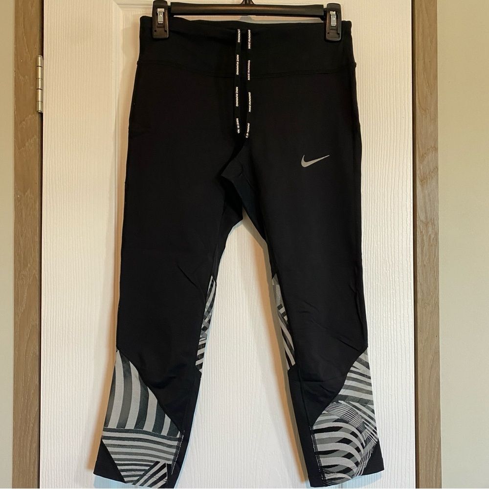 Nike Womens Leggings Sz S Black Gray mesh drawstring stretch Capri
